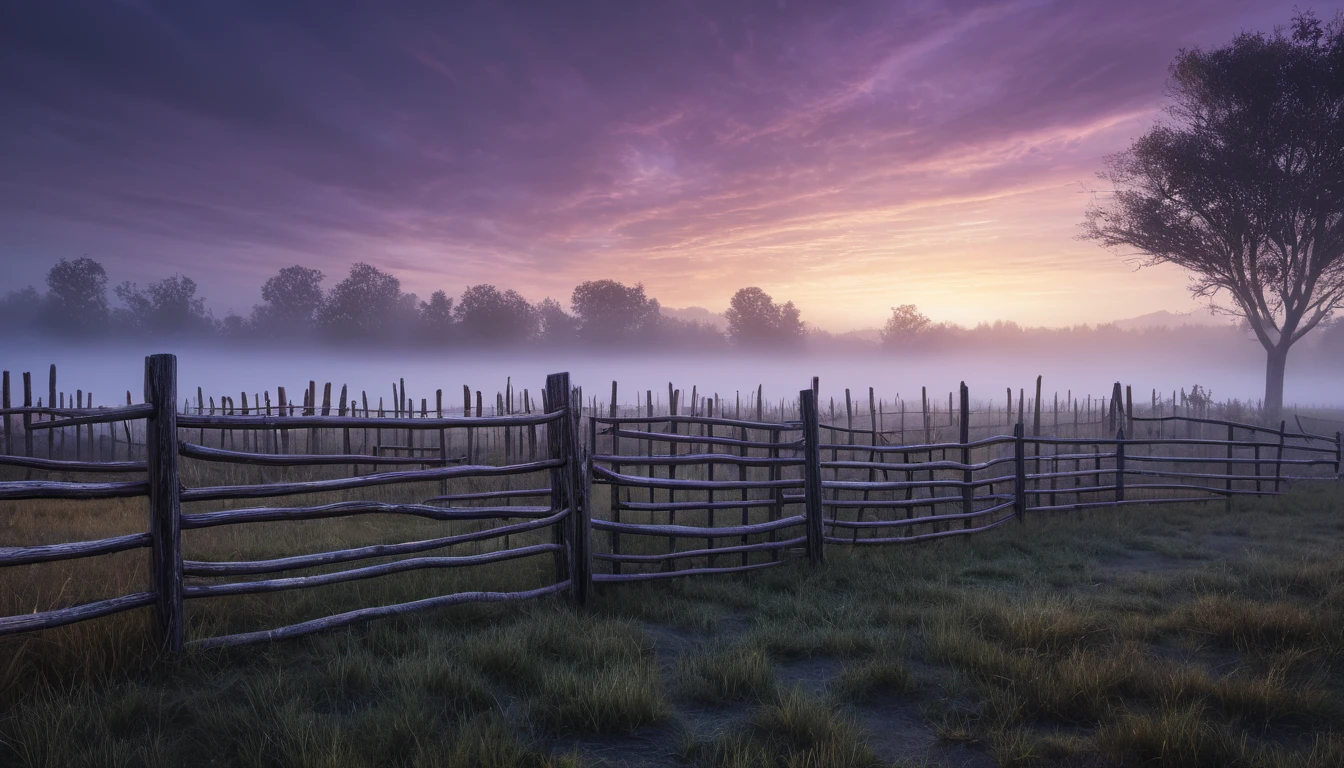 Egy fából készült karám, ködös tájban, naplemente színeivel.
