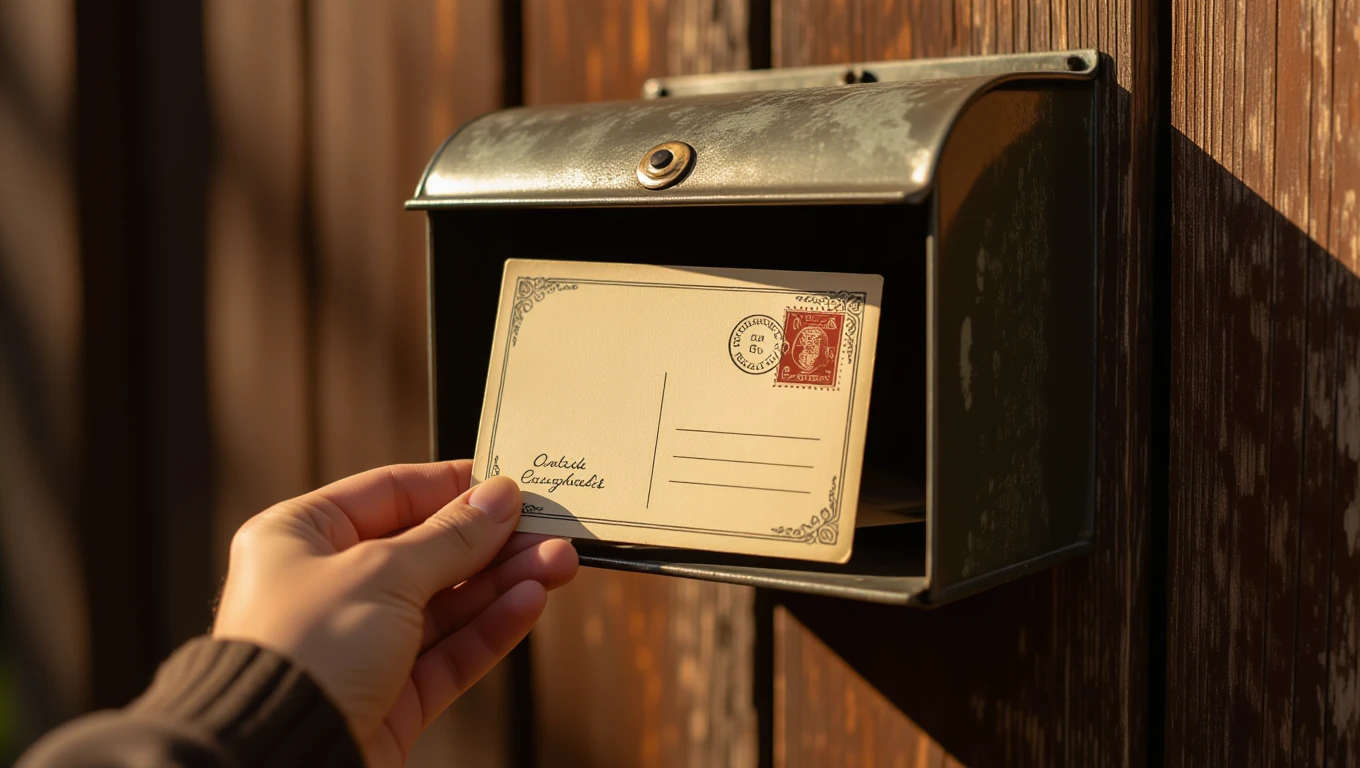 Képeslapot tartó kéz, amely éppen a postaládából emeli ki a levelet.