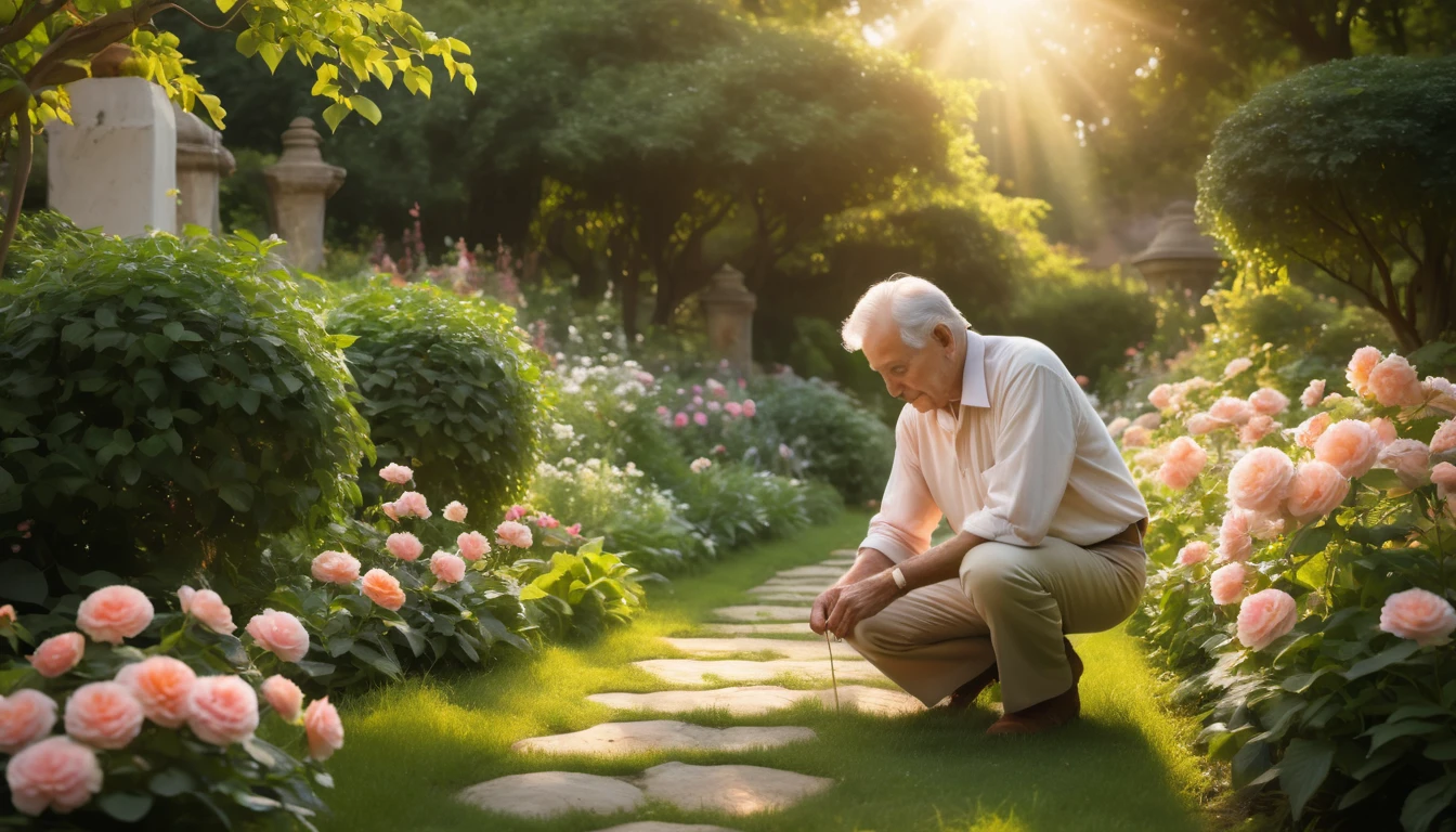 Mit jelent kertészről álmodni? - Online álomfejtés Egy idős férfi kertészkedik egy virágos kertben, rózsák között.