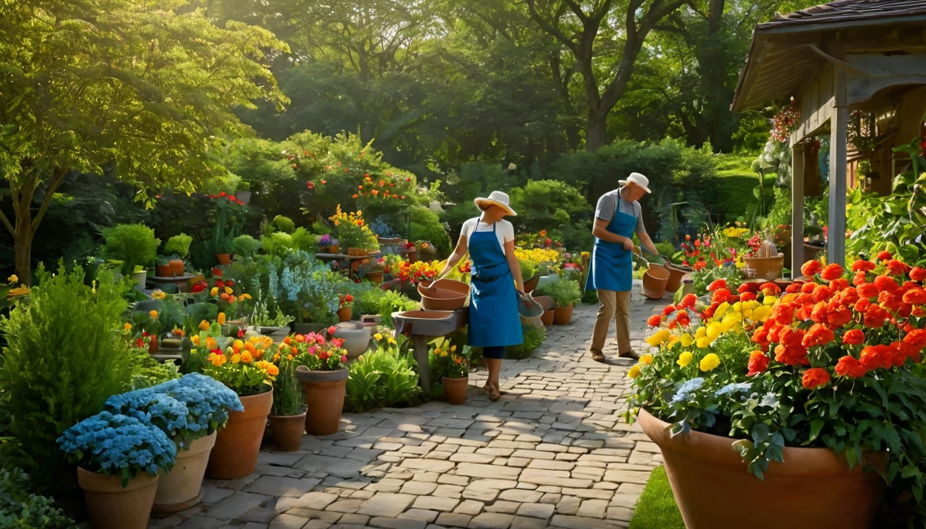 Mit jelent kertészről álmodni? - Online álomfejtés Két kertész dolgozik egy virágokkal teli kertben, napsütésben.