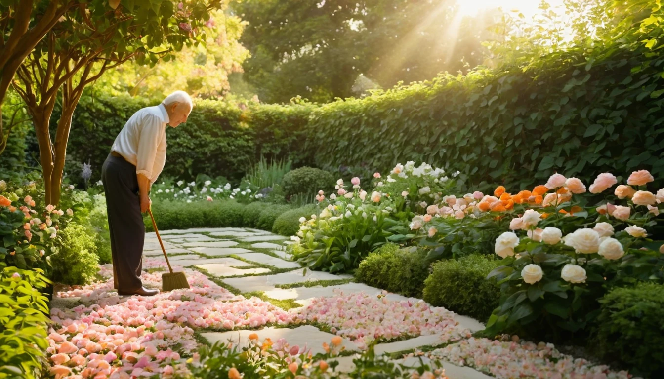 Mit jelent kertészről álmodni? - Online álomfejtés Egy idősebb férfi kertészkedik egy virágos kertben, napsütésben.