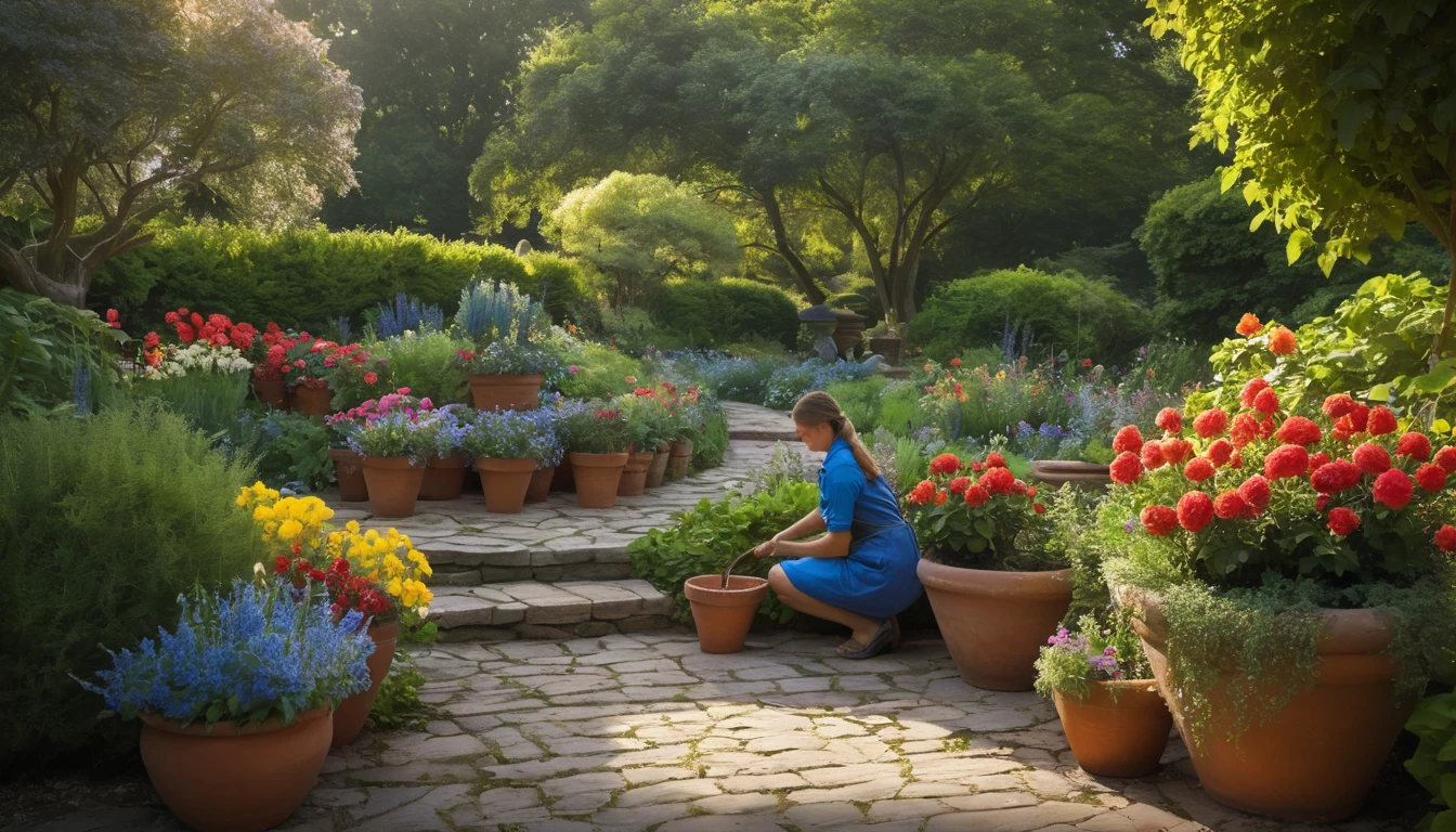 Mit jelent kertészről álmodni? - Online álomfejtés Egy nő kertészkedik egy virágokkal teli kertben, napsütésben.