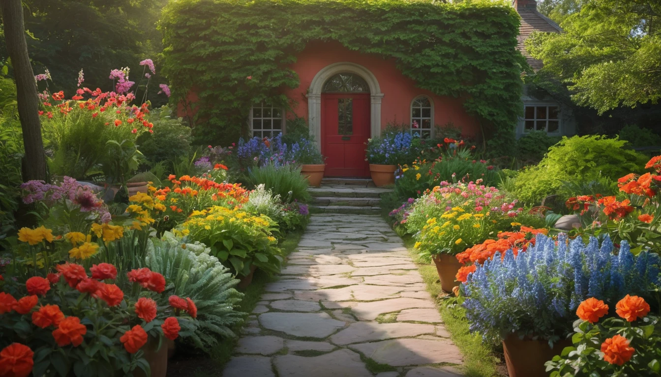 Mit jelent kertészről álmodni? - Online álomfejtés Színes virágokkal teli kert, középen egy kőből készült ösvénnyel.
