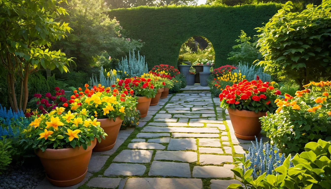 Mit jelent kertészről álmodni? - Online álomfejtés Színes virágokkal teli kert, kövezett ösvénnyel és zöld növényekkel.