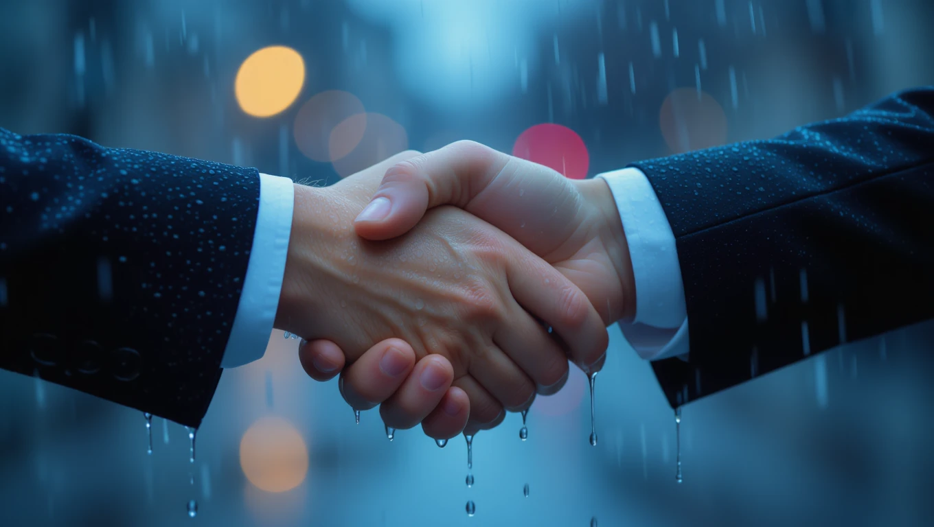 Két kéz fog handshake-t eszközölni esős időben, szimbolikus jelentéssel.