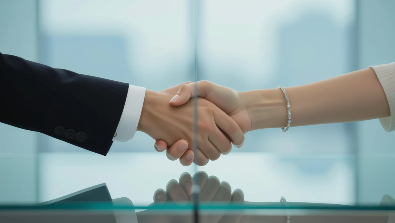 Két kéz fog handshake-t végrehajtani, szimbolizálva a kapcsolatokat és az együttműködést.