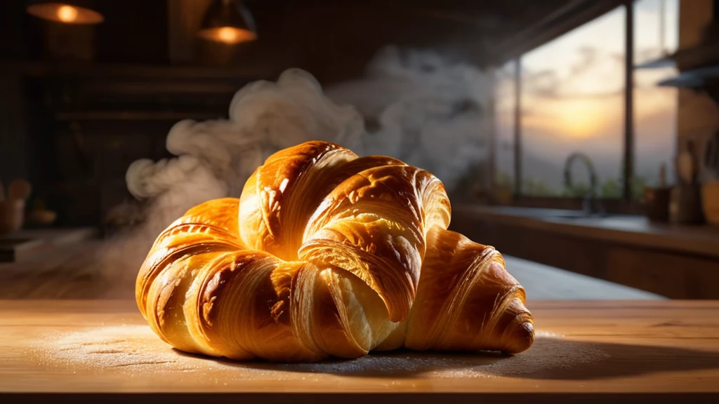 Friss, gőzölgő kifli egy fából készült deszkán, háttérben naplementével.