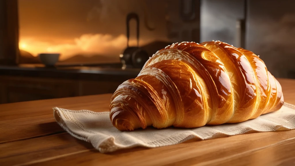 Friss, aranybarna kifli egy konyhai asztalon, háttérben naplemente.