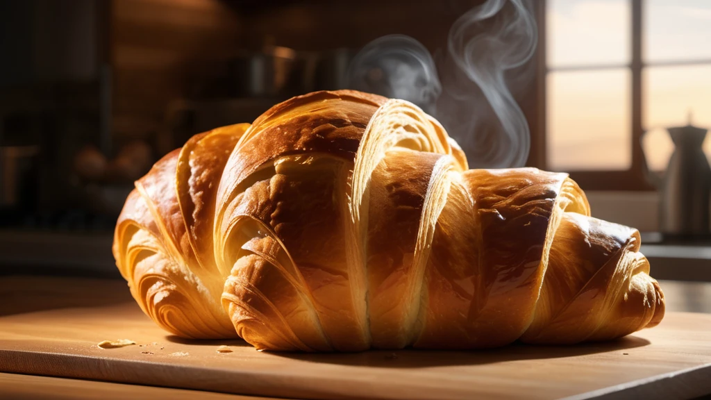 Friss, gőzölgő kifli egy fából készült deszkán, otthonos konyhában.