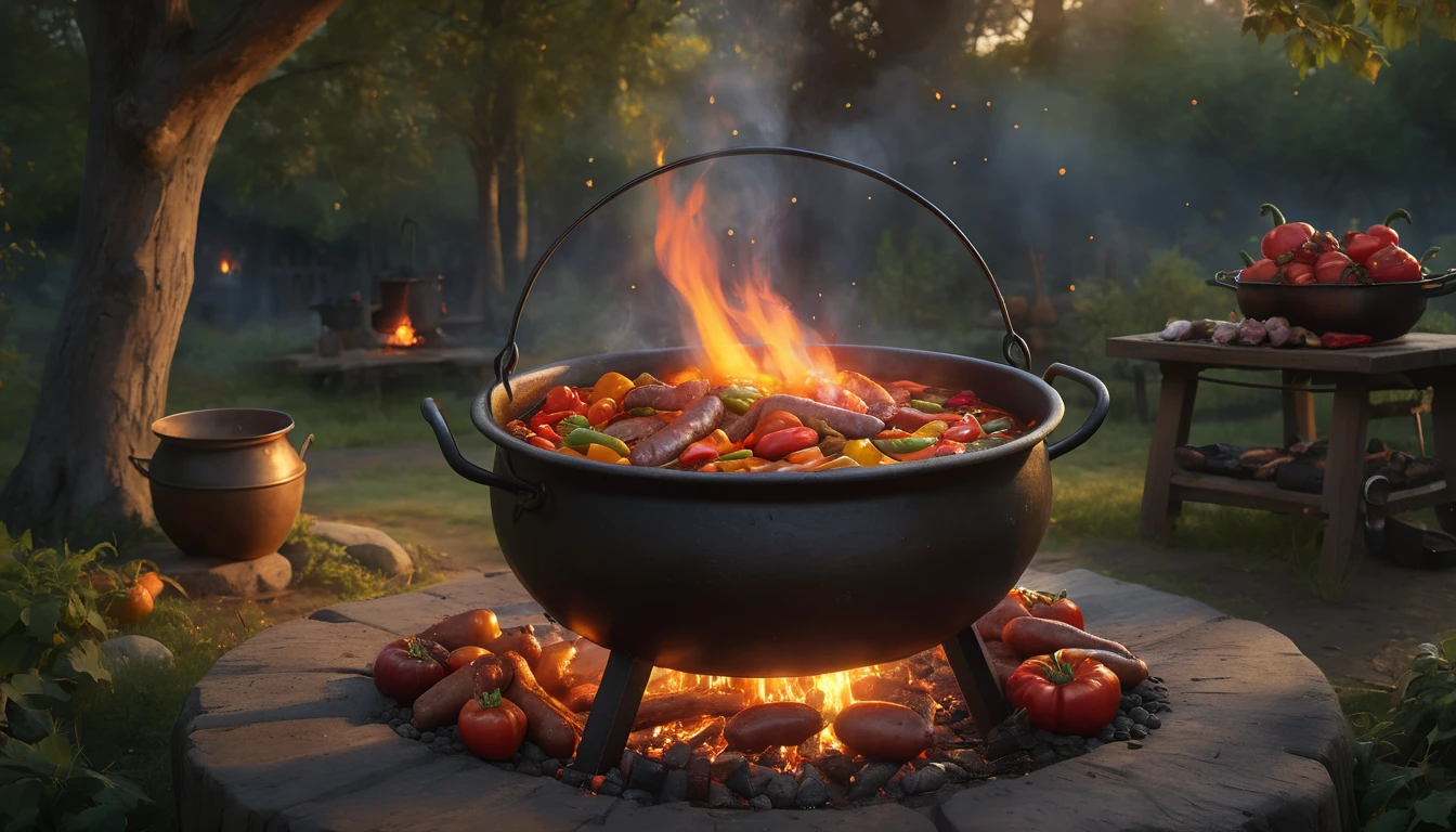 Egy kondér zöldségekkel és kolbásszal, lángokkal körülvéve, természetes környezetben.
