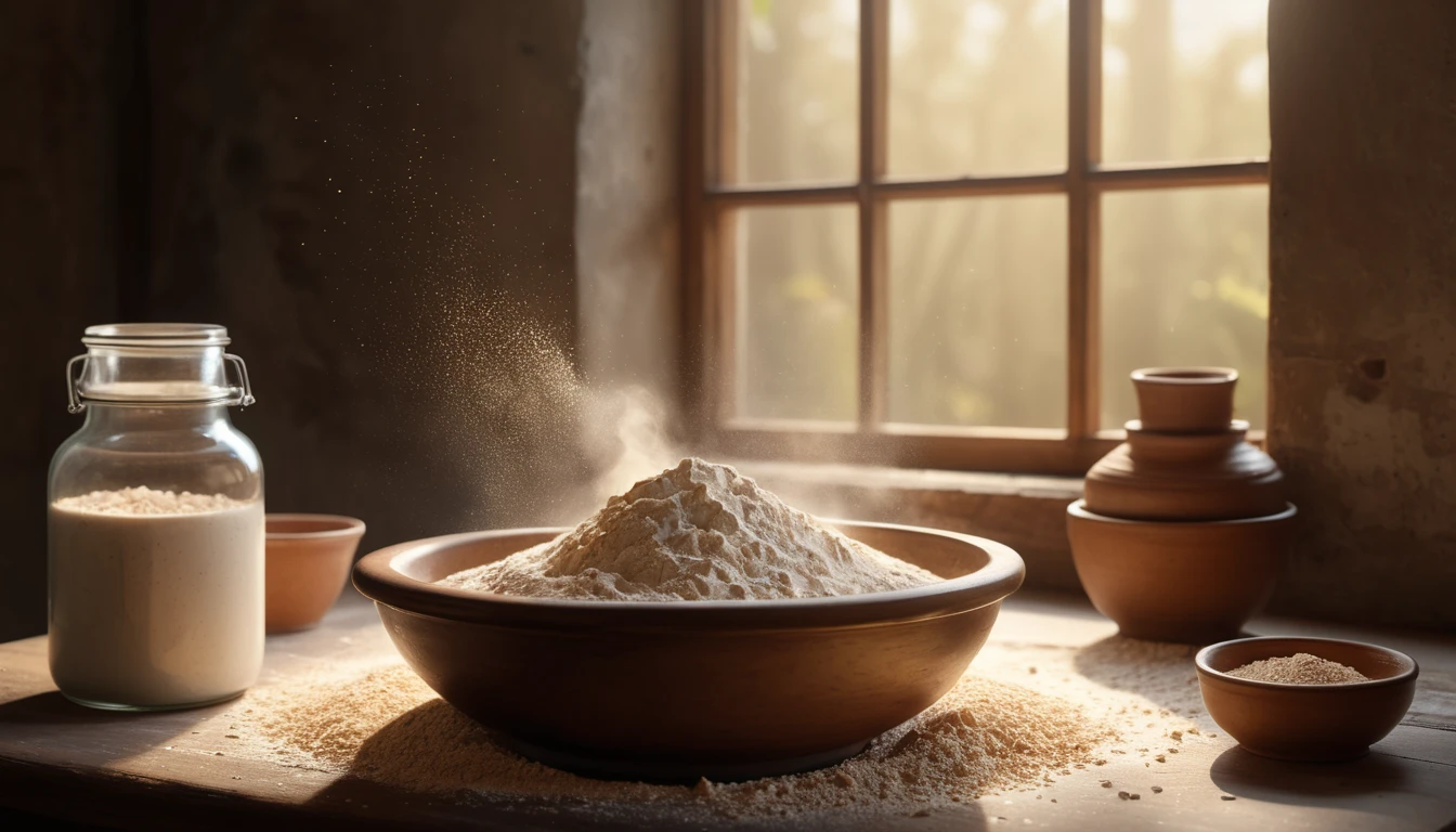 Mit jelent kovászról álmodni? - Személyes álomfejtés és értelmezés Kovászos tál, mellette üveg és kerámia edények, napfényben.