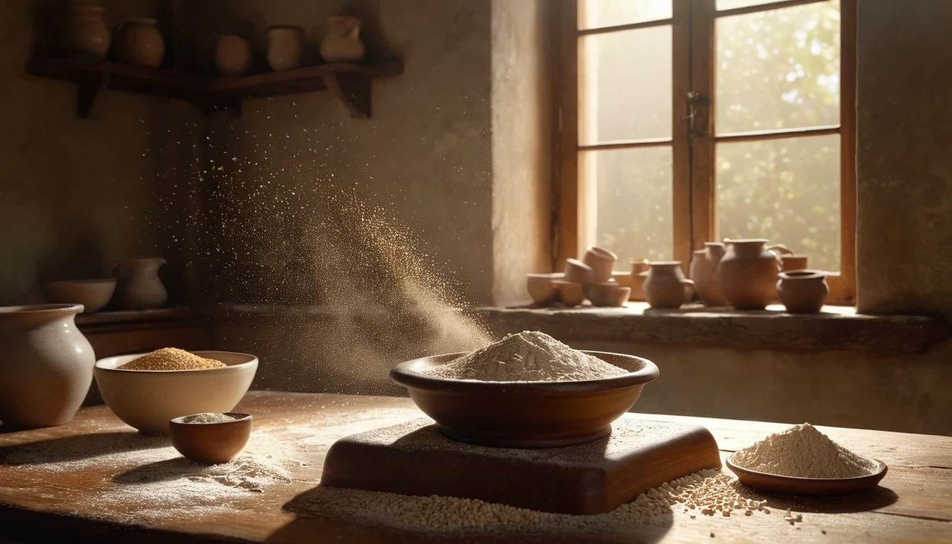 Mit jelent kovászról álmodni? - Személyes álomfejtés és értelmezés Konyhai asztalon különböző lisztfajták és kovász, napfényben.