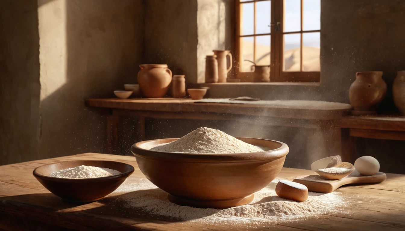 Mit jelent kovászról álmodni? - Személyes álomfejtés és értelmezés Két tálban friss liszt és kovász látható egy rusztikus konyhában.