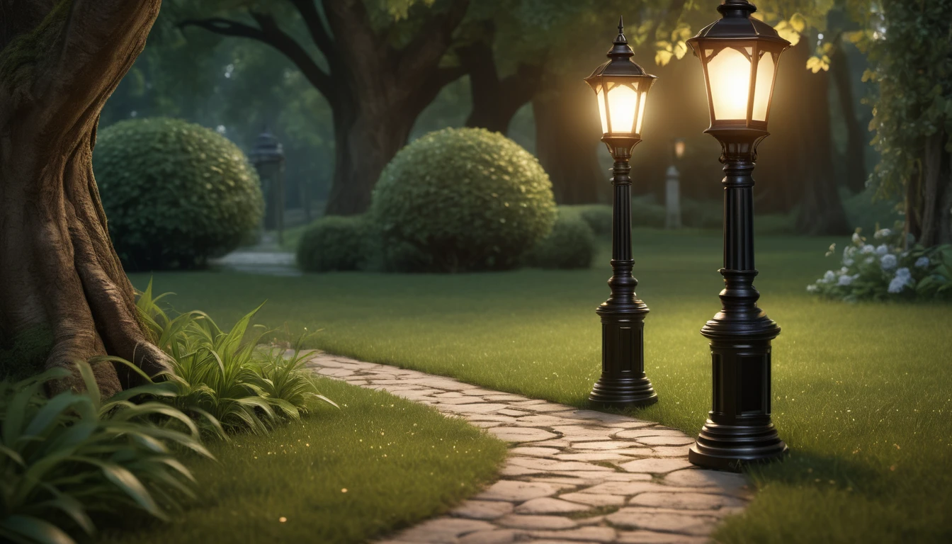 Mit jelent lámpaoszlopról álmodni? - Személyes álomfejtés és értelmezés Két lámpaoszlop világít egy zöld parkban, kövek borította ösvény mellett.