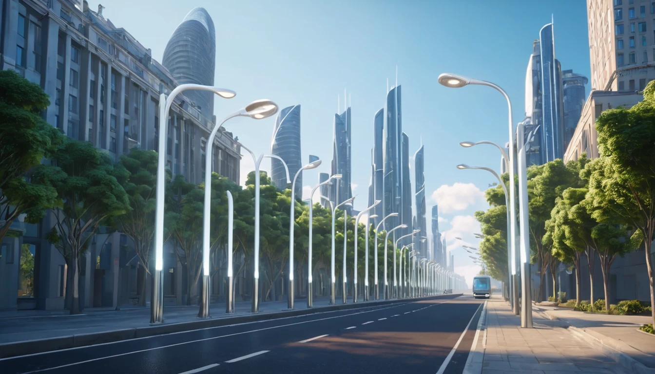 Mit jelent lámpaoszlopról álmodni? - Személyes álomfejtés és értelmezés Modern városi táj, lámpaoszlopokkal és zöld fákkal az úton.