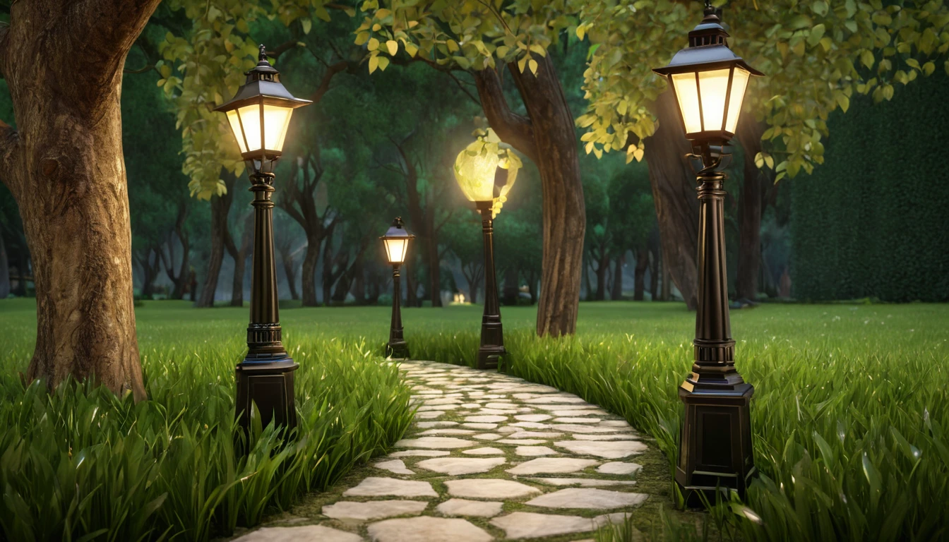 Mit jelent lámpaoszlopról álmodni? - Személyes álomfejtés és értelmezés Egy kanyargós ösvény, amelyet lámpaoszlopok világítanak meg zöld környezetben.