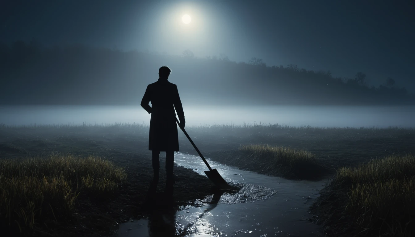 Egy férfi áll a ködös tájban, lapáttal a kezében, a hold fényében.