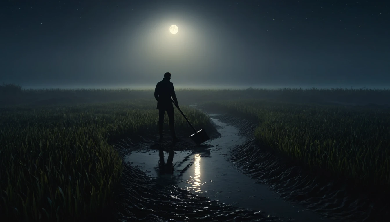 Egy alak áll egy mezőn, lapáttal a kezében, a hold fényében.