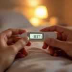 Két kéz tart egy lázmérőt, amely 36,97 °C-ot mutat, ágyban ülve.