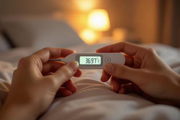Két kéz tart egy lázmérőt, amely 36,97 °C-ot mutat, ágyban ülve.