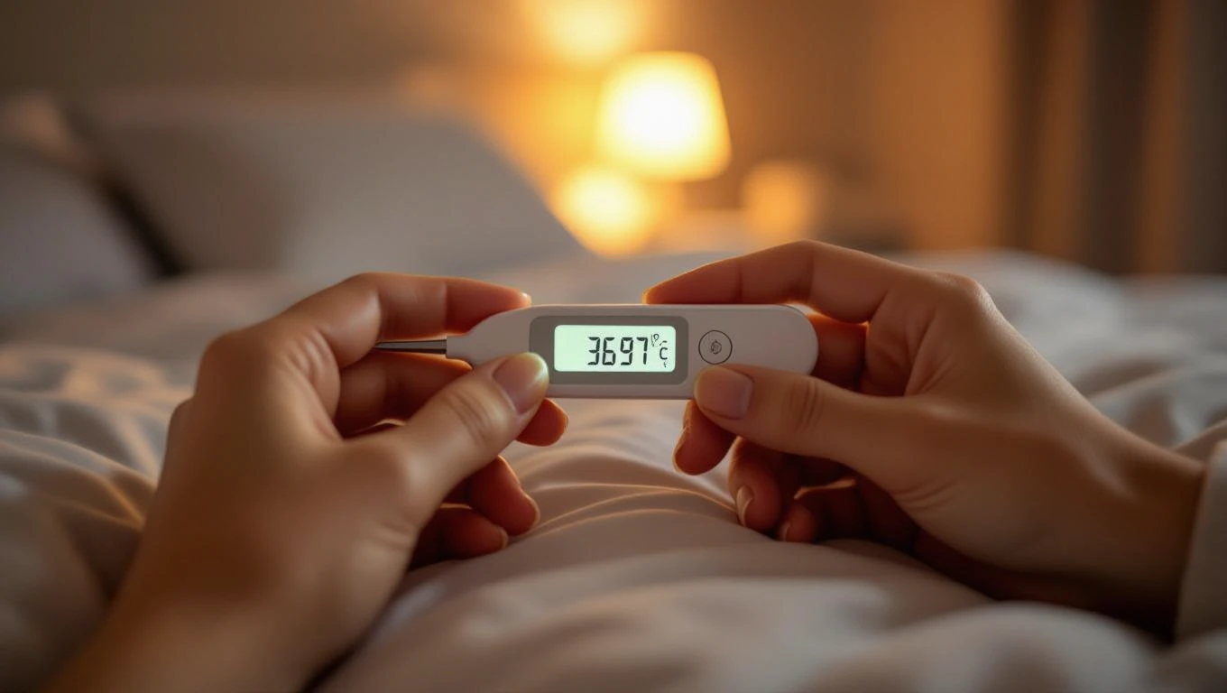 Két kéz tart egy lázmérőt, amely 36,97 °C-ot mutat, ágyban ülve.