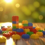 Színes LEGO kockák egy fénnyel megvilágított asztalon, kreatív építkezéshez.