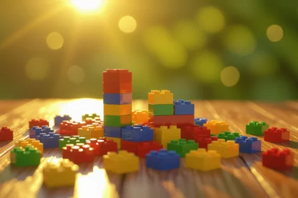 Színes LEGO kockák egy fénnyel megvilágított asztalon, kreatív építkezéshez.