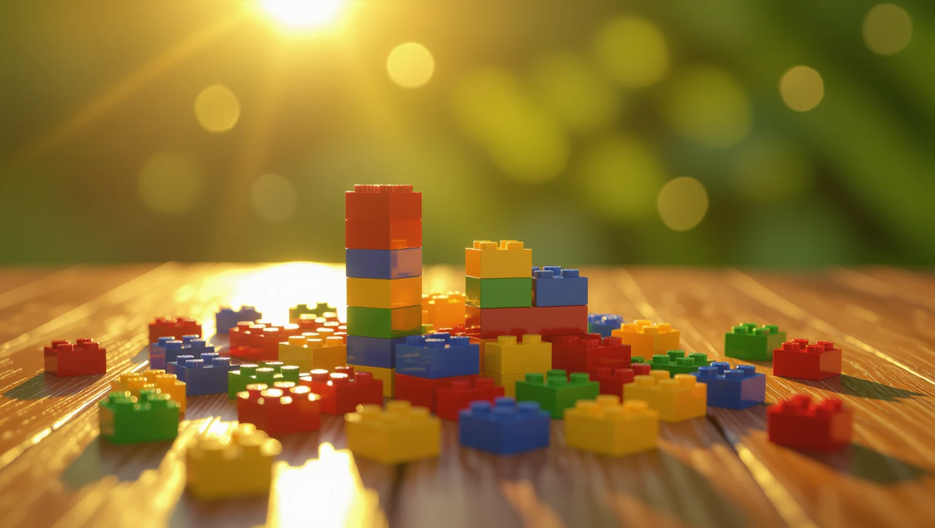 Mit jelent Legóval álmodni? - Online álomfejtés és értelmezés Színes LEGO kockák egy fénnyel megvilágított asztalon, kreatív építkezéshez.