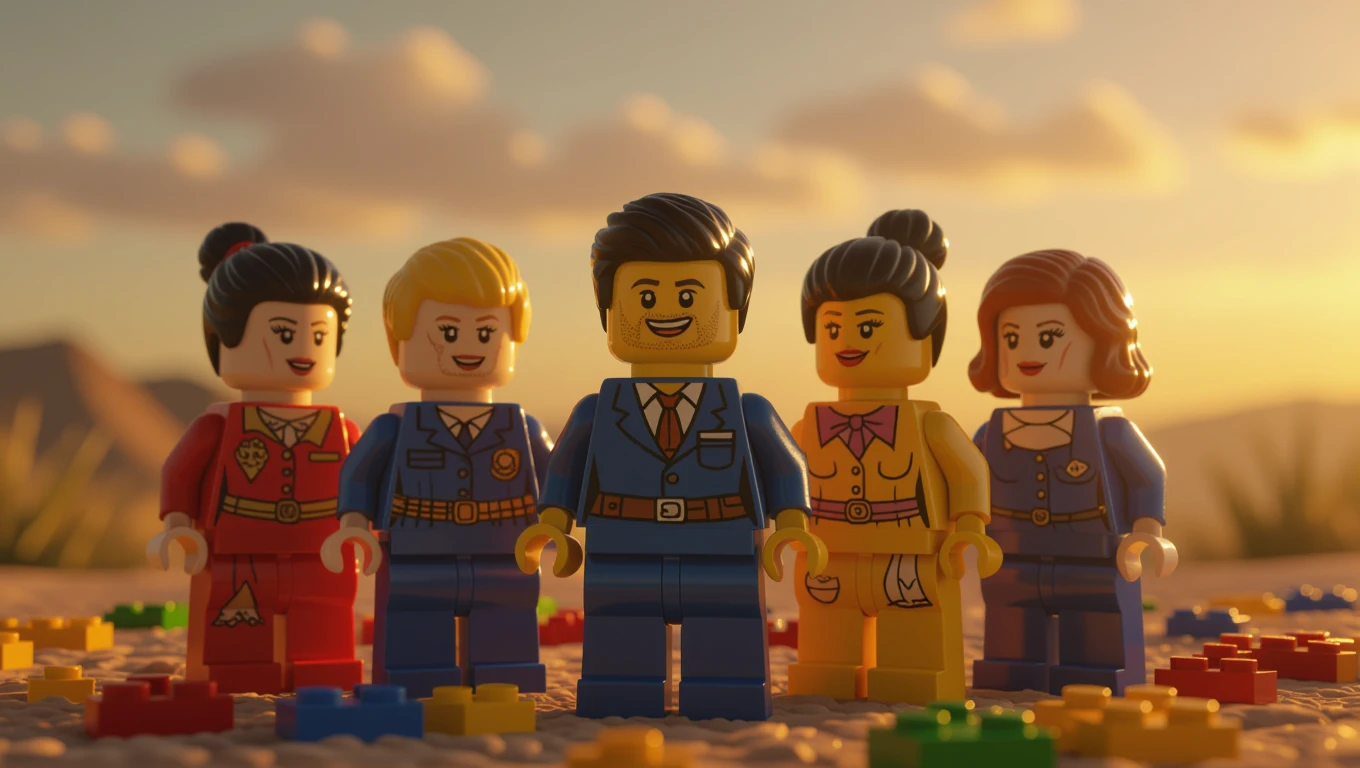 Mit jelent Legóval álmodni? - Online álomfejtés és értelmezés Öt LEGO figura áll egy naplementés tájban, színes LEGO kockák között.