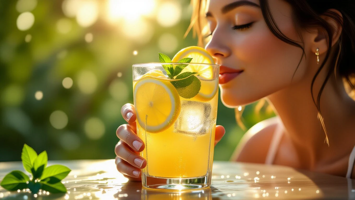 Mit jelent limonádéról álmodni? – Részletes álomfejtés és értelmezés Egy nő limonádét kortyolgat, friss citromszeletekkel és mentalevelekkel díszítve.