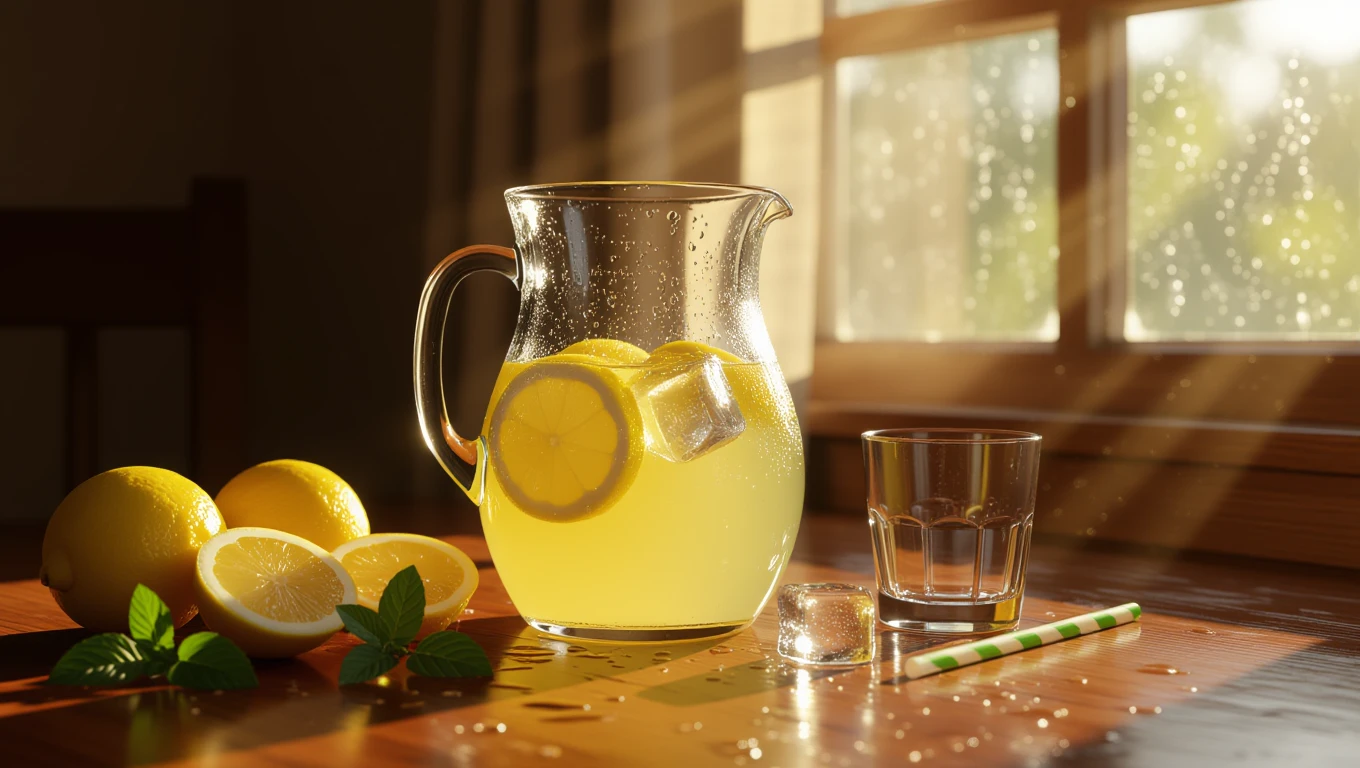 Mit jelent limonádéról álmodni? – Részletes álomfejtés és értelmezés Egy üveg limonádé citromszeletekkel és jégkockákkal, napfényben.