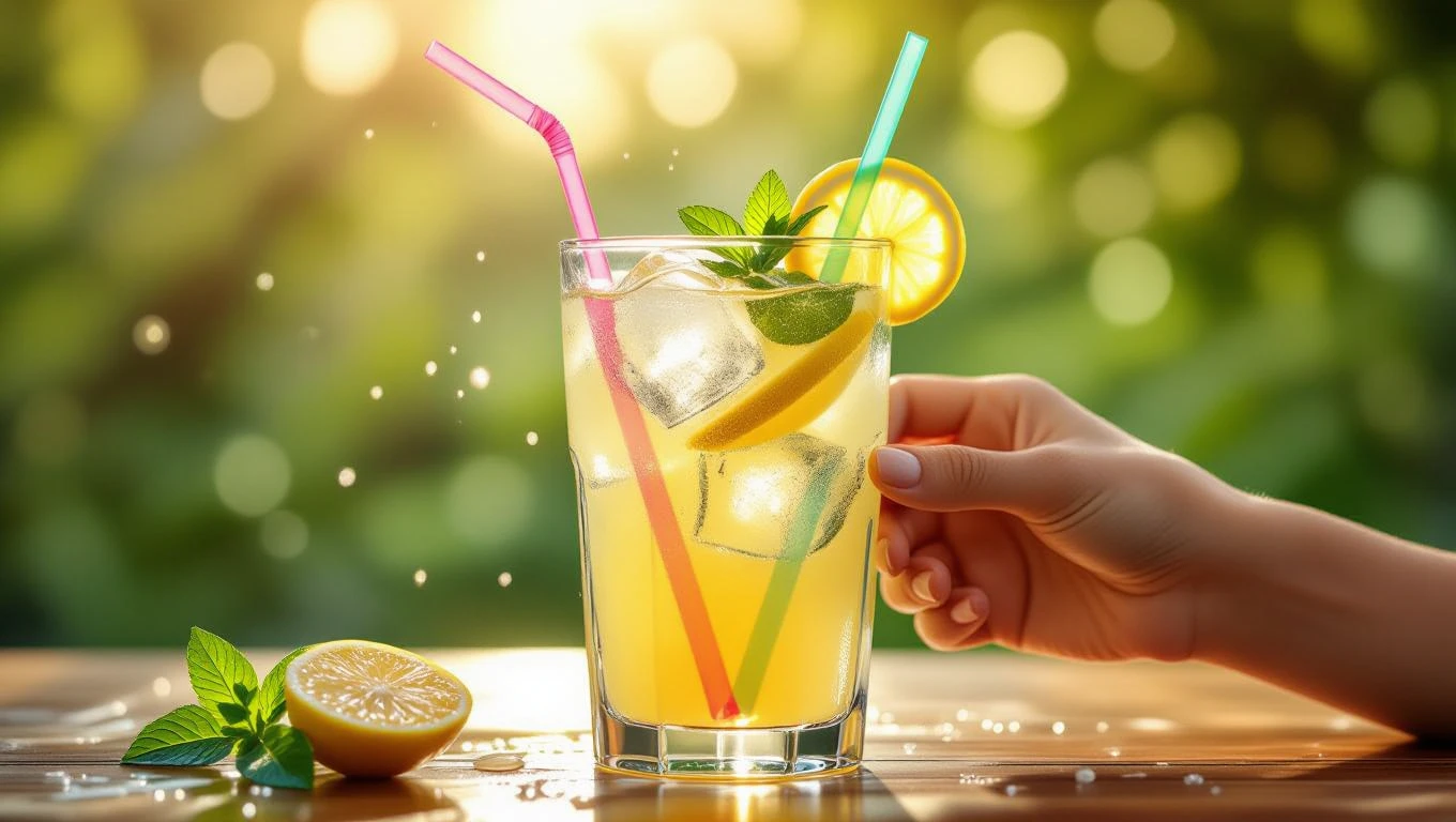 Mit jelent limonádéról álmodni? – Részletes álomfejtés és értelmezés Friss limonádé jégkockákkal, citromszeletekkel és mentalevelekkel díszítve.