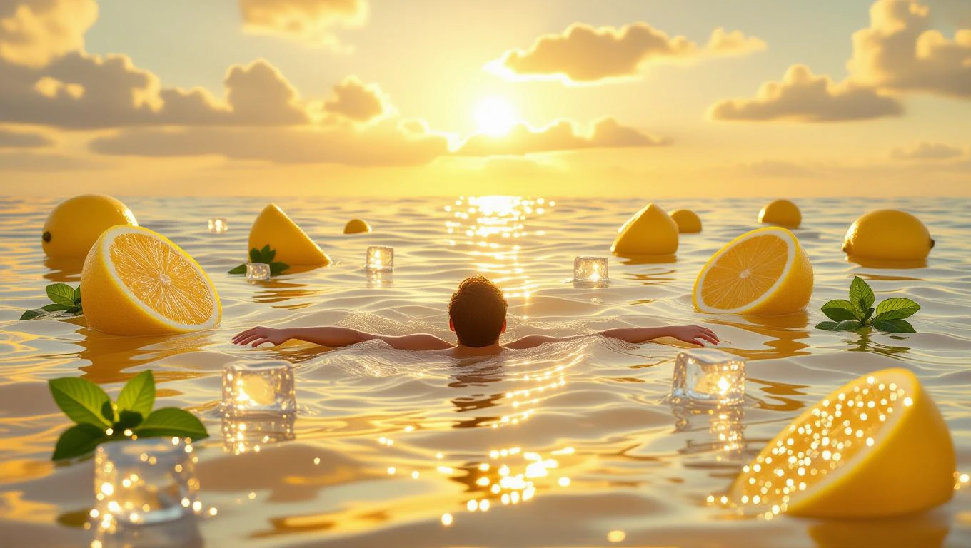 Mit jelent limonádéról álmodni? – Részletes álomfejtés és értelmezés Egy ember lebeg a limonádé tengerében, körülötte citromok és jégkockák.