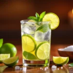 Friss limonádé jégkockákkal, lime szeletekkel és mentalevelekkel díszítve.
