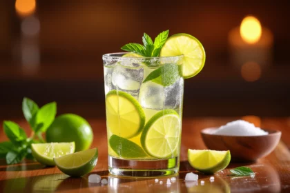 Friss limonádé jégkockákkal, lime szeletekkel és mentalevelekkel díszítve.