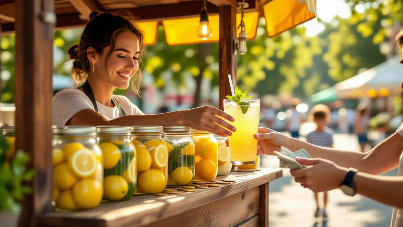Mit jelent limonádéról álmodni? – Részletes álomfejtés és értelmezés Egy fiatal nő limonádét árul egy piacon, boldogan szolgálja ki a vásárlót.