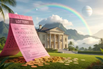 Lottószelvény és aranyérmék egy gyönyörű villa előtt, álomszerű tájban.