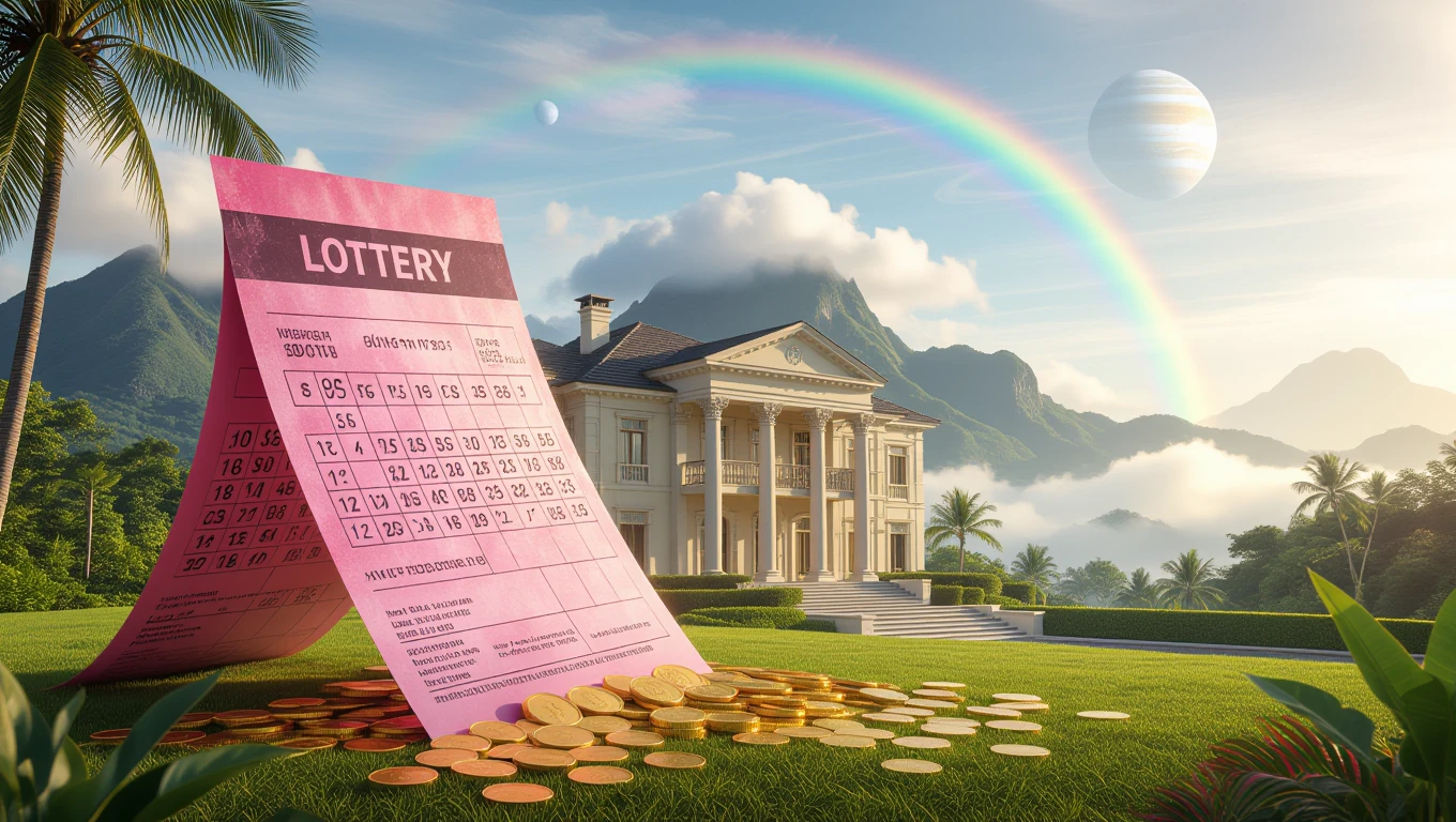 Mit jelent lottónyereményről álmodni? – Részletes álomfejtés és értelmezés Lottószelvény és aranyérmék egy gyönyörű villa előtt, álomszerű tájban.