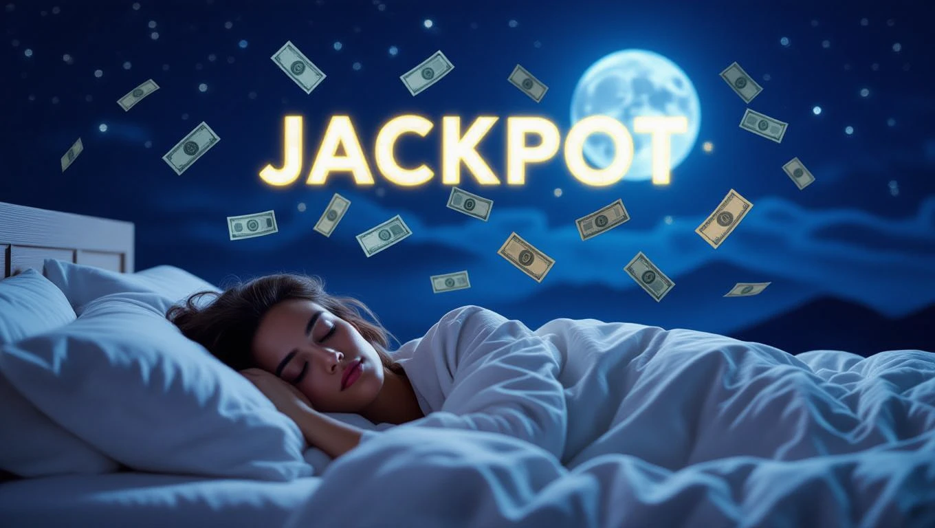 Mit jelent lottónyereményről álmodni? – Részletes álomfejtés és értelmezés Egy fiatal nő álmodik, körülötte pénz és a 'JACKPOT' felirat látható.
