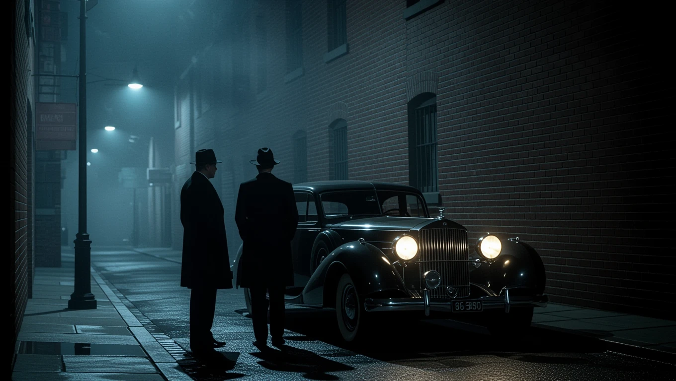 Mit jelent maffiával álmodni? – Részletes álomfejtés és értelmezés Két férfi áll egy sötét utcán, egy klasszikus autó mellett, titokzatos hangulatban.