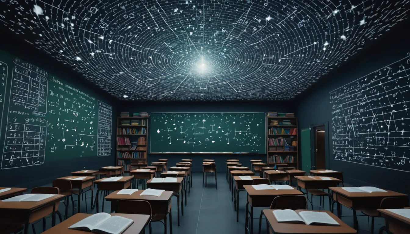 Mit jelent matekról álmodni? - Online álomfejtés és értelmezés Egy üres osztályterem, ahol a falakon matematikai képletek és csillagképek láthatók.