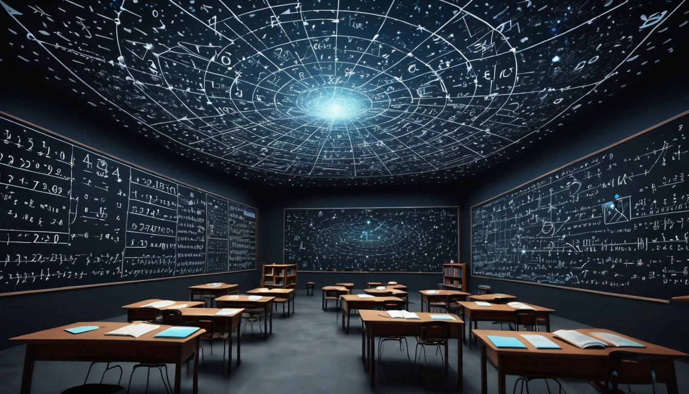 Mit jelent matekról álmodni? - Online álomfejtés és értelmezés Egy sötét teremben matematikai képletek és számok láthatók a falakon.