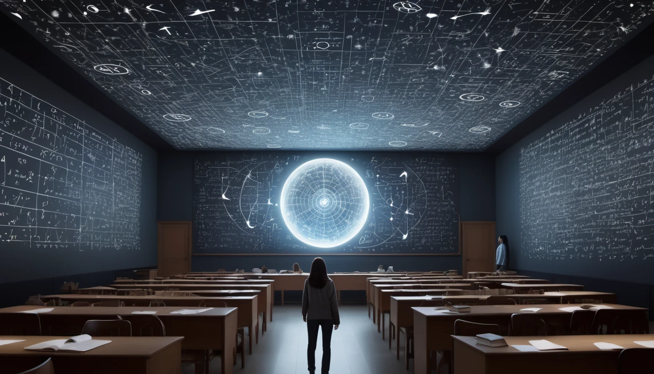 Mit jelent matekról álmodni? - Online álomfejtés és értelmezés Egy sötét teremben matematikai képletek és diagramok láthatók a falakon.