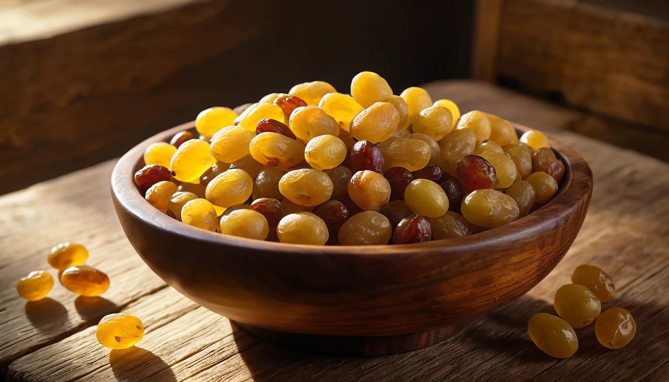 Egy fából készült tálban színes mazsolák, napfényben csillognak.