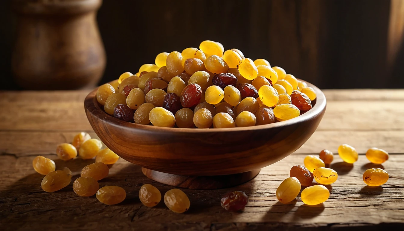 Egy fából készült tálban mazsolák láthatók, különböző színekben és méretekben.