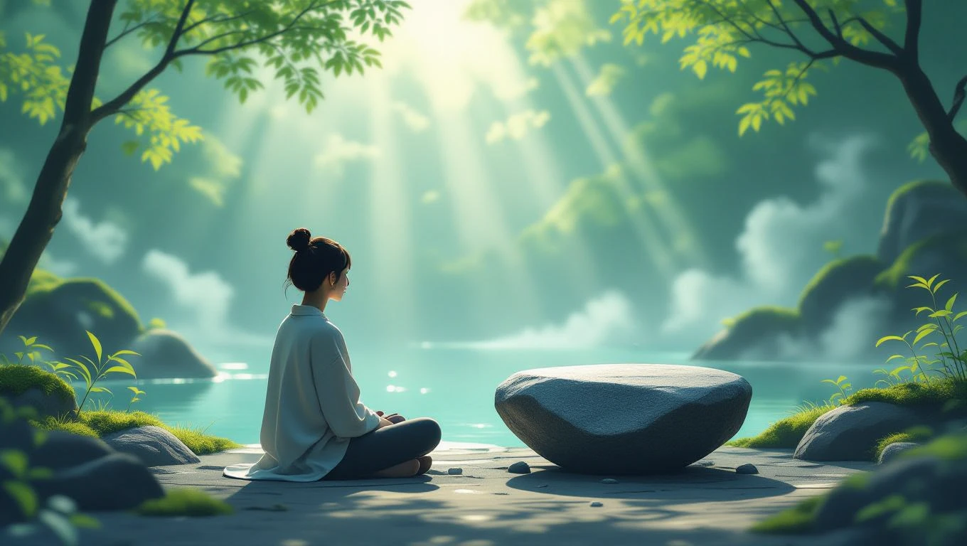 Egy nő meditál egy fenőkő mellett, nyugodt víz és zöld növényzet környezetében.