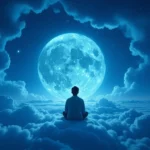 Egy meditáló személy ül a felhők között, a telihold fényében.