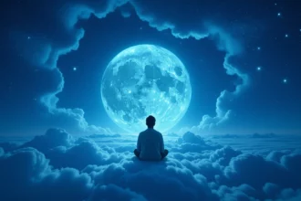 Egy meditáló személy ül a felhők között, a telihold fényében.