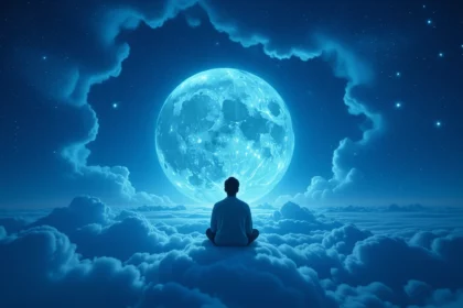 Egy meditáló személy ül a felhők között, a telihold fényében.