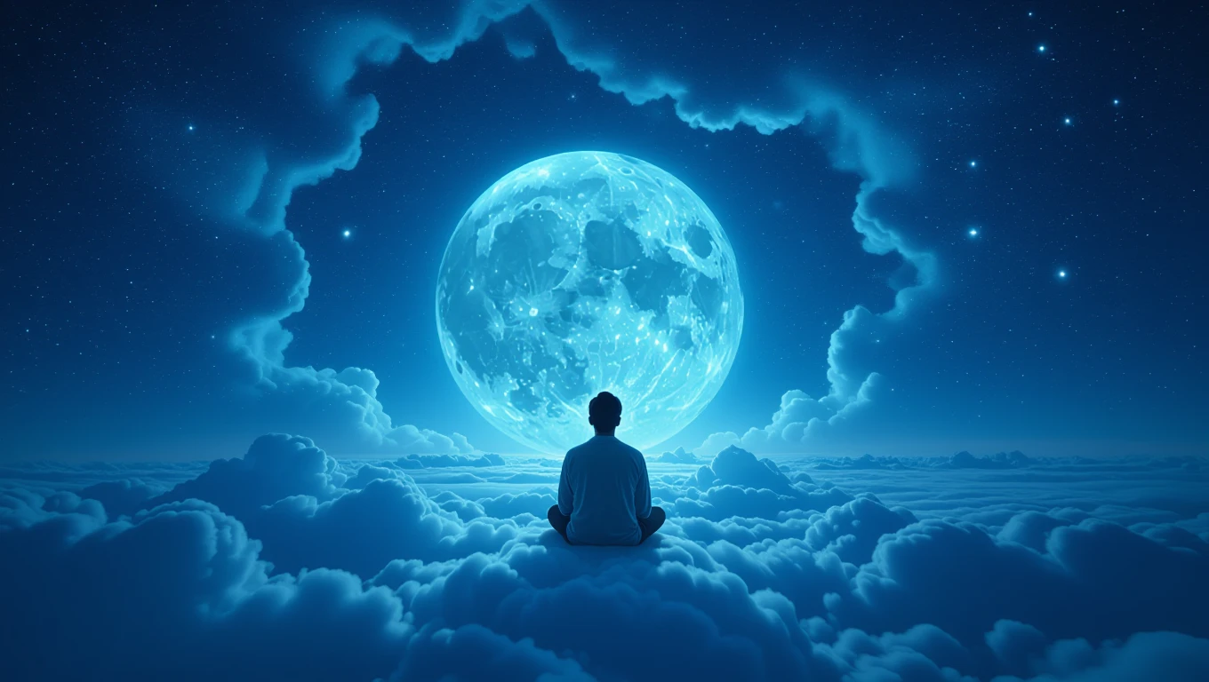 Egy meditáló személy ül a felhők között, a telihold fényében.